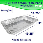 IDL Packaging Full Size Aluminum Steam Table Pans with Lids - Deep, 21" x 13" x 3" (Pack of 10) - Disposable Foil Pan for Grilling, Roasting, BBQ, Cooking, Baking, Freezing