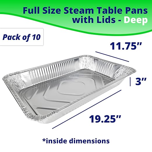 IDL Packaging Full Size Aluminum Steam Table Pans with Lids - Deep, 21" x 13" x 3" (Pack of 10) - Disposable Foil Pan for Grilling, Roasting, BBQ, Cooking, Baking, Freezing
