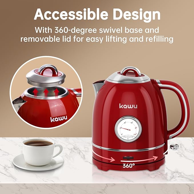 Kawu Electric Kettle, 1.3L/1.4QT Retro Electric Kettle Hot Tea Water Boiler with 304 Stainless Steel Inner, 1000W Fast Boiling Kettle with Boil-Dry Protection, Auto Shut Off, Keep Warm, Food Grade