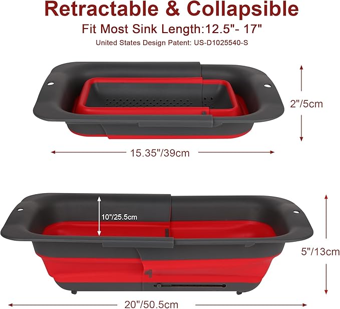 ROTTOGOON 7Qt Collapsible Colander Strainer, Expandable Over the Sink Colander, Adjustable Silicone Kitchen Sink Strainer, Foldable Large Colanders Basket to Wash Vegetable, Fruit, 15" to 19.9", Red