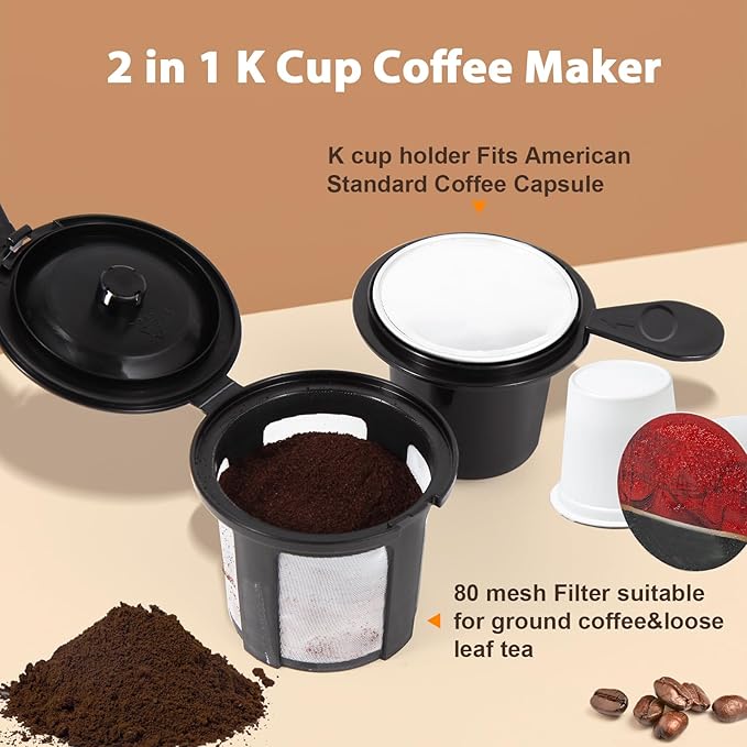 2 in 1 Single Serve K cup Coffee Maker 6-14Oz,With Travel Cup,Mini Single Coffee Maker Machine,One Button Operation,Auto Shut Off,800W With Reusable Filter