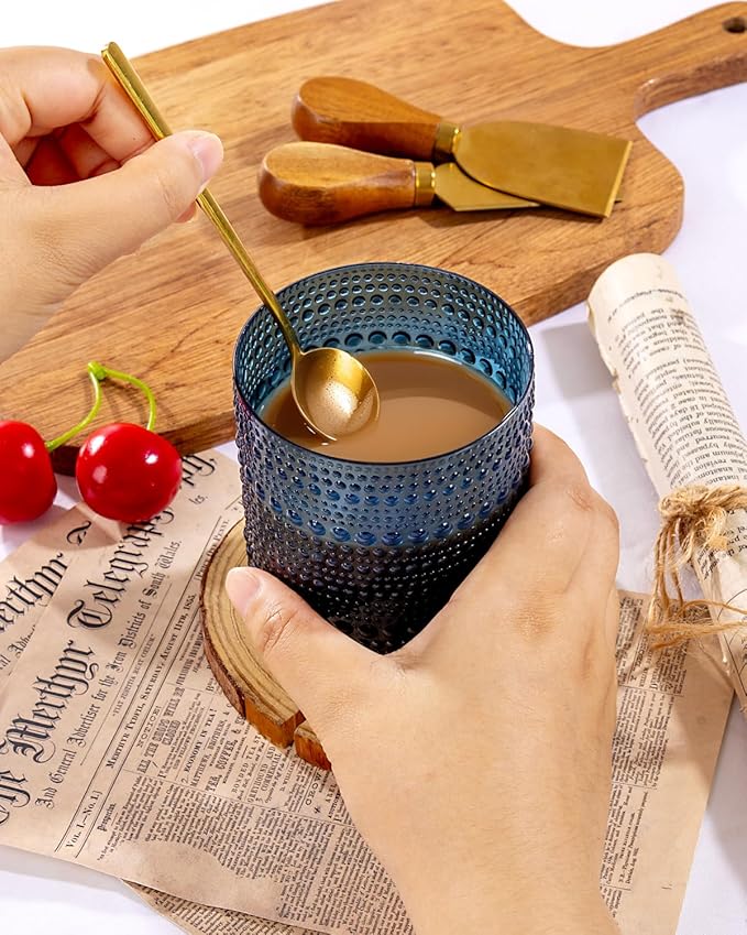 YOUBET 24PCS Plastic Drinking Glasses - 14OZ Blue Hobnail Drinkware Glasses - Vintage Glassware Textured Beaded Cups for Water, Beer, Whiskey, Juice and Various Mixed Drinks