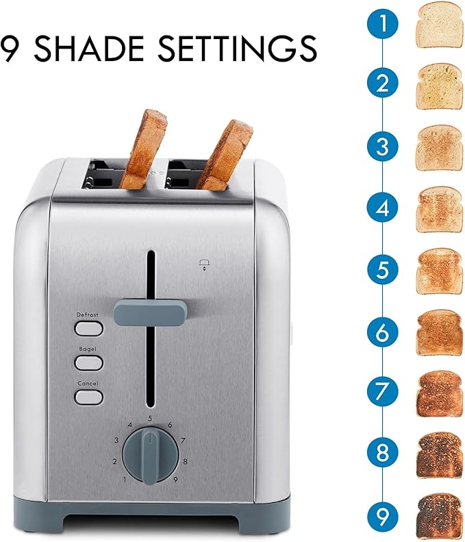 Kenmore toaster 2 slice - extra wide slot countertop kitchen appliance, defrost function, grille-pain, 9 shade settings, compact design, easy clean crumb tray, bread bagel, stainless steel