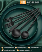 EUIRIO 40-Piece Matte Grey Black Silverware Set, Modern Flatware Set for 8, Premium Stainless Steel Cutlery Set with Forks Spoons and Knives, Heavy Duty Kitchen Utensil Sets, Dishwasher Safe