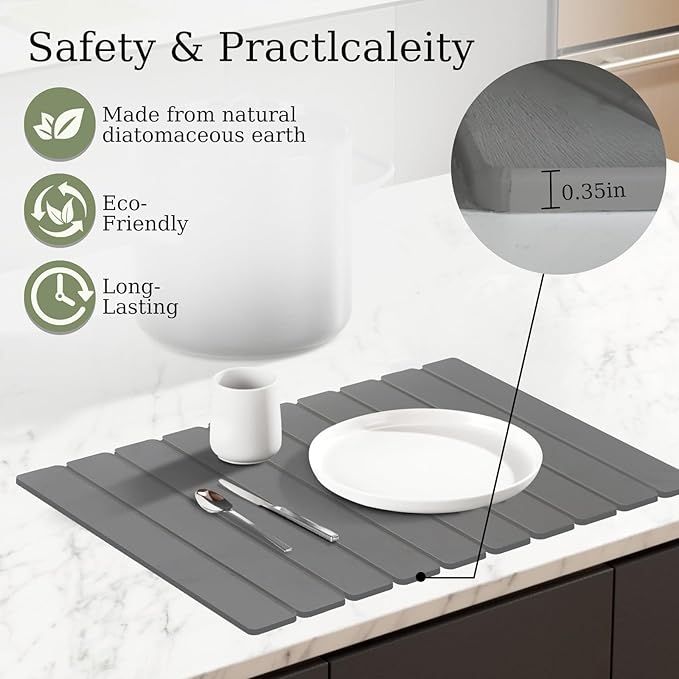 Hopegiver Stone Drying Mat for Kitchen Counter, 23.62"x15.35" Dark Gray Quick Drying Stone Mat, Super Absorbent Diatomaceous Earth Dish Drying Mat for Counter, Collapsible Design with Sanding Tools