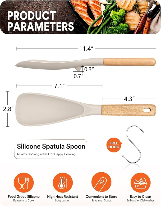 Cooking Spoon for Nonstick Cookwares, Great for Cooking and Serving Sturdy BPA-Free Matte Silicone, Wood Handle Spoon for Mixing, Scoop, and Scrape (Khaki)