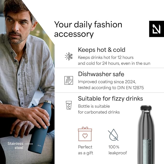 LARS NYSØM Stainless Steel Insulated Water Bottle 12oz 17oz 25oz 34oz 51oz | Insulated Thermo Flask for Hot and Cold Beverages | Leakproof Drinking Bottle (Stainless Steel, 33.9oz)