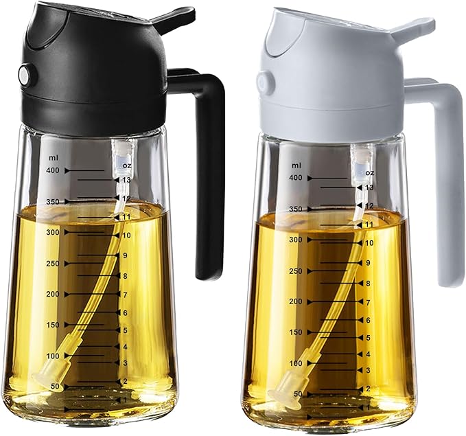 TrendPlain 16oz/470ml Glass Olive Oil Sprayer for Cooking – 2 in 1 Olive Oil Dispenser Bottle for Kitchen Gadgets and Air Fryer Accessories, Salad, BBQ - Black & Ash