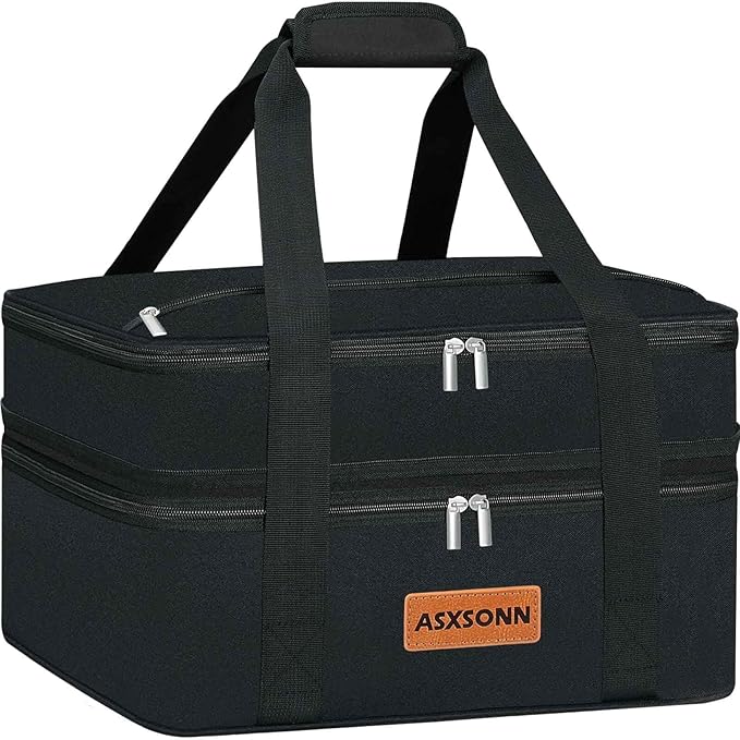 Double Decker Insulated Casserole Carrier for Hot or Cold Food, Expandable Insulated Food Carrier for Parties, Picnic, Beach, Fits 9"x13" Baking Dish (Black)