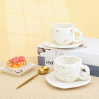 Koythin Ceramic Coffee Mug with Saucer Set, Cute Red Heart Dots Cup Unique for Office and Home, 10 oz/300 ml for Latte Tea Milk