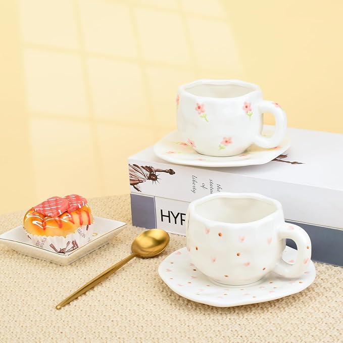 Koythin Ceramic Coffee Mug with Saucer Set, Cute Red Heart Dots Cup Unique for Office and Home, 10 oz/300 ml for Latte Tea Milk
