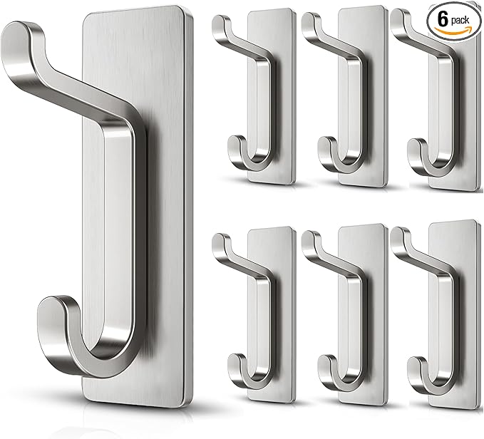 Self Adhesive Wall Hooks for Hanging: Extra Strong 13 LB, Hook for Coat, Towel in Bathrooms, Shower, Kitchen, Wall, Door Hook, Nickel Silver 6 Pack