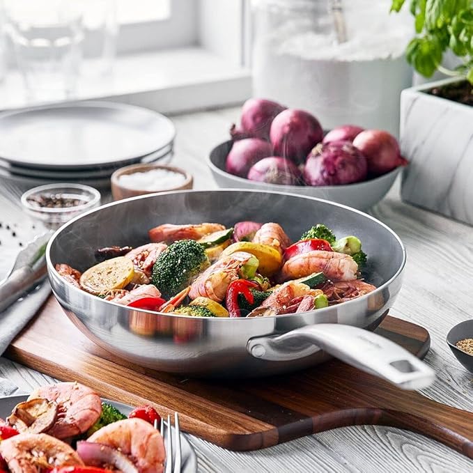 GreenPan Chatham Tri-Ply Stainless Steel Healthy Ceramic Nonstick 11" Wok Pan, PFAS-Free, Multi Clad, Induction, Dishwasher Safe, Oven Safe, Silver