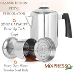 Mixpresso Stainless Steel Coffee Percolator Stovetop, 37oz Classic Percolator Coffee Pot, Great For Camping Pot, 5-8 Cup Stove Top Espresso Maker, Cool-Touch Handle