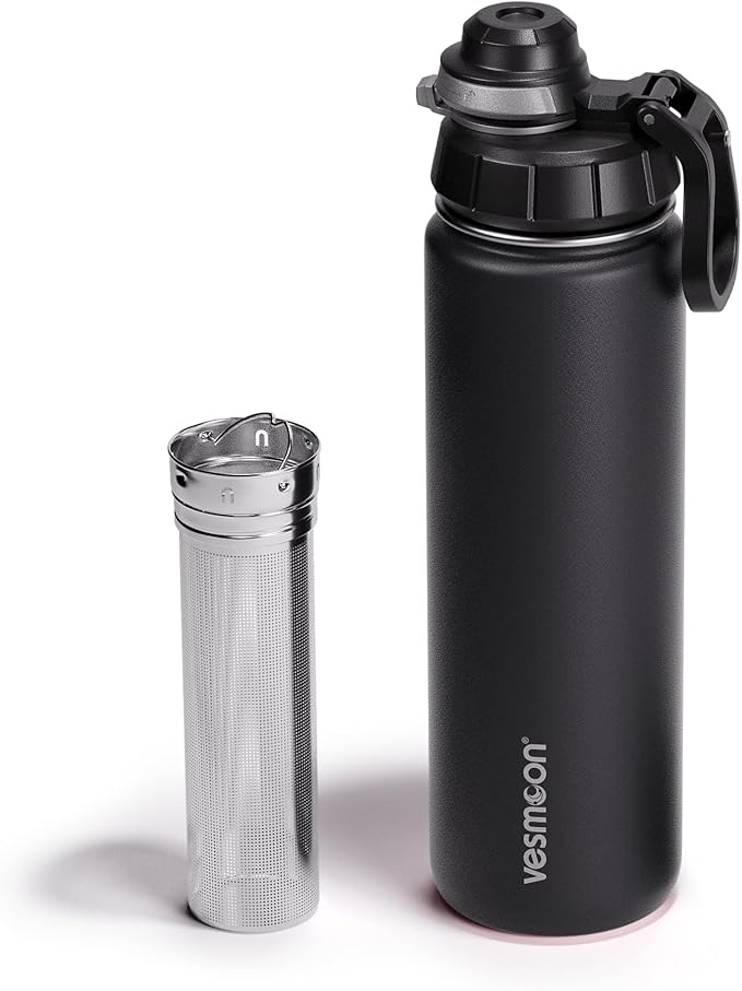 Vesmoon Vessence 24 Oz Stainless Steel Tea Infuser Bottle for Loose Leaf Tea, Water, Herbs, Fruits - Triple Layered Insulated, Leak Proof Bottle with Lid and Clip Handle - 24 Hours Hot/Cold