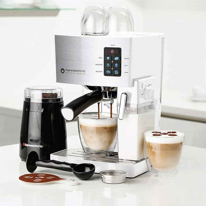 EspressoWorks 19-Bar Espresso, Latte and Cappuccino Maker 10-Piece Set - Brew Cappuccino and Latte with One Button - Espresso Machine with Milk Steamer 1250W - Coffee Gifts (White)