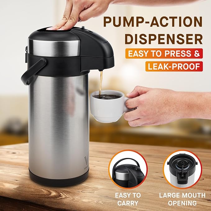 VONDIOR Airpot Coffee Dispenser with Pump - 176 oz Insulated Stainless Steel Coffee Carafe - Thermal Beverage Dispenser - Coffee Urn for Hot/Cold Water, Party Chocolate Drinks