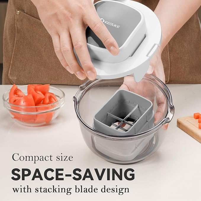 KEOUKE Multifunctional Vegetable Chopper Bowl White - 3 Interchangeable Blades Potato French Fry Cutter with Container & Storage Box Food Chopper Dicer for Cucumber, Tomato, Carrot, Onion