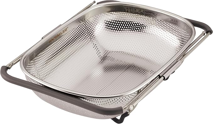 Rachael Ray Tools and Gadgets Over-The-Sink Colander/Strainer for Pasta, Fruits, Veggies, Expandable Silicone Grips, Dishwasher Safe, 4.5 Quart, Stainless Steel with Gray Handles