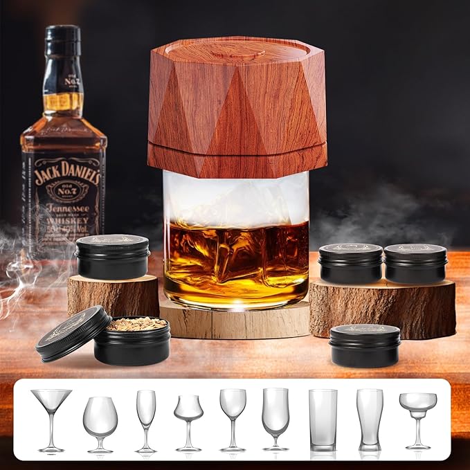 Electric Whiskey Smoker Kit with 4 Wood Chips,2 Whisky Stones,Cocktail Smoker Kit Built-in Lighter, No Butane Needed,Old Fashioned Drink Smoker Kit, Bourbon Whiskey Gifts for Men,Dad,Husband