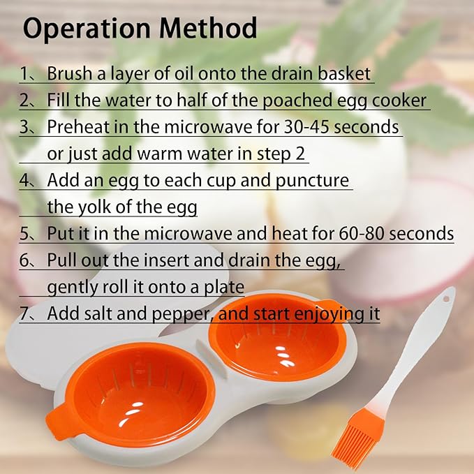 2 Cavity Microwave Egg Poacher, Microwavable Poached Egg Cooker with Lid & Handle Double Layer Microwave Egg Poacher Boiled Eggs Maker Poached Egg Cup for Breakfast with Oil Brush