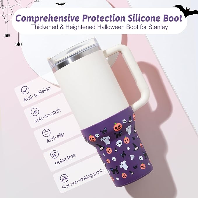 Halloween Boot for Stanley, Silicone Protector Sleeve for Stanley Quencher H2.0 FlowState Tumbler 40oz Cup Accessories (Purple)