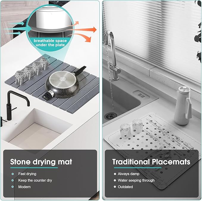 Large Stone Dish Drying Mat for Kitchen Counter, 24"(L)×16"(W) Quick Dry Stone Dishes Mats, Foldable Eco-Friendly Absorbent Diatomaceous Earth Mat for Dishes Bottles Cups, DarkGray