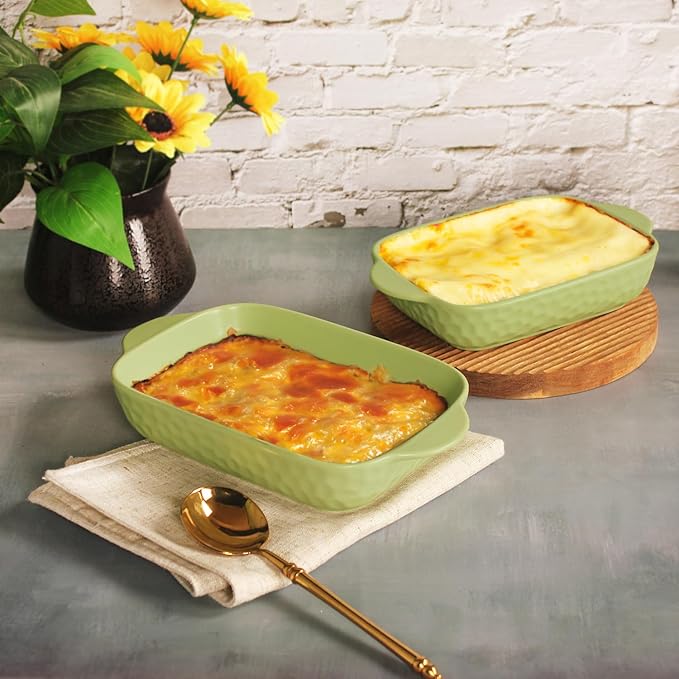 Rectangular Porcelain Baking Dish Set,Au Gratin Dishes,Casserole Dish, Ramekins 21 oz Bakeware Set of 2,Lasagna Pans for Cooking,Cake Dinner,Kitchen, Carry Handles 9.5" x 5.5" (Green