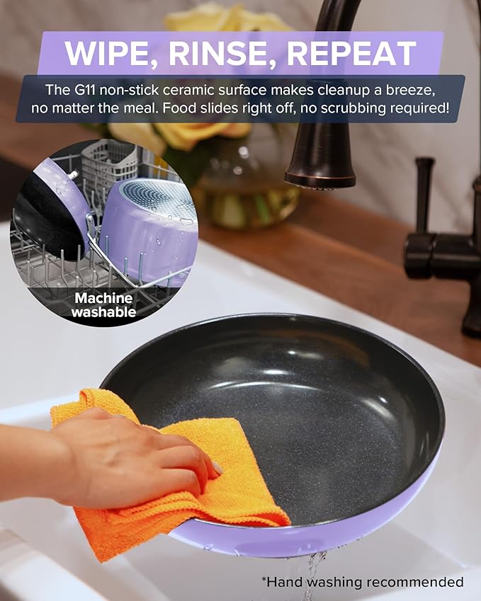Nuwave Healthy G11-Pots and Pans Set Non Stick, 9H Near-Diamond Hardness Scratch-Resistant, Works on All Stovetops, PFAS Free, with Frying Pans, Saucepans & Glass Lids, Stay-Cool Handles, Lilac