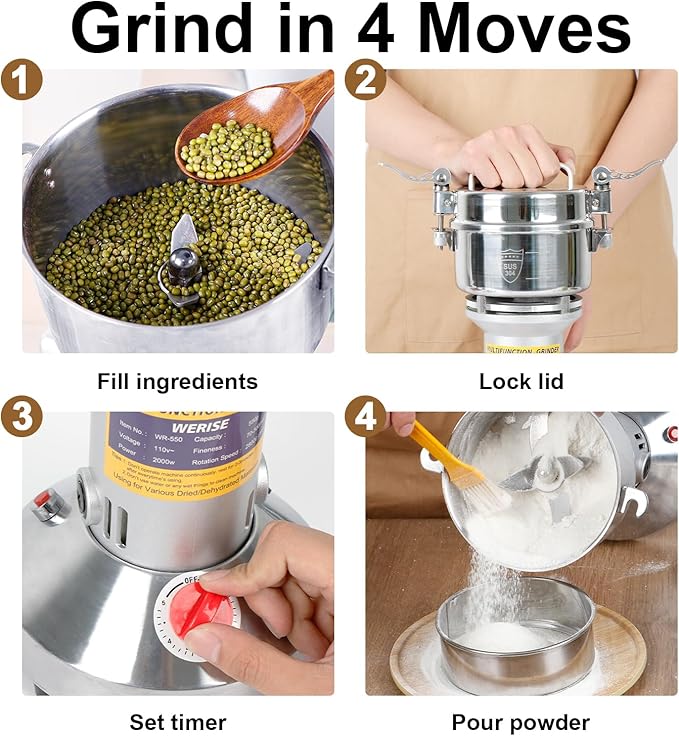 Grain Flour Mill Grinder Electric,550g Food Spice Powder Wheat Maker Stainless Steel Rice Bread for Kitchen Home Commercial Pepper Coffee Corn Nut Dry