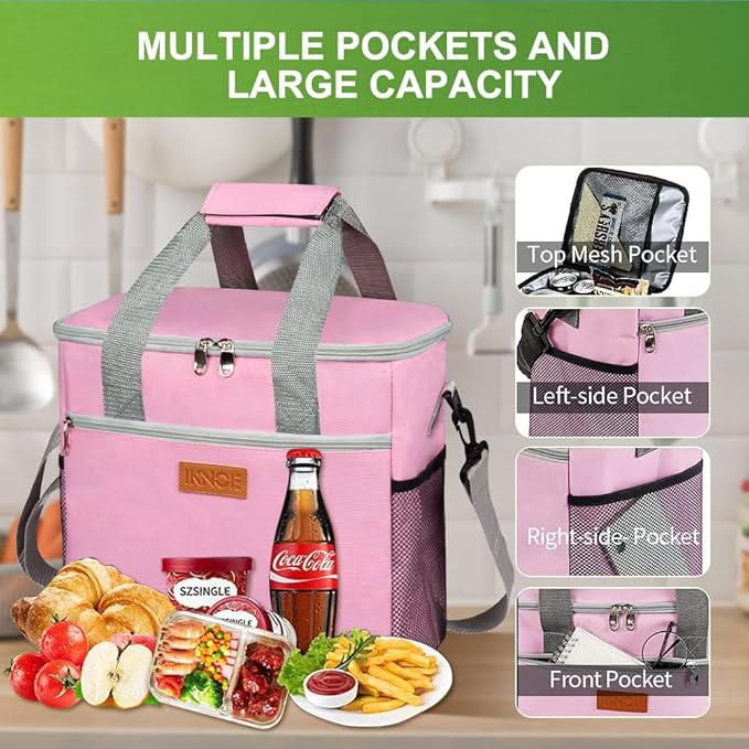 iknoe Large Cooler Bag Collapsible 24 Can Insulated Bags Leakproof Lunch Cooler Tote with Multi-Pockets for Adult Insulated Thermal Bag for Beach, Picnic, Office Work (Pink)