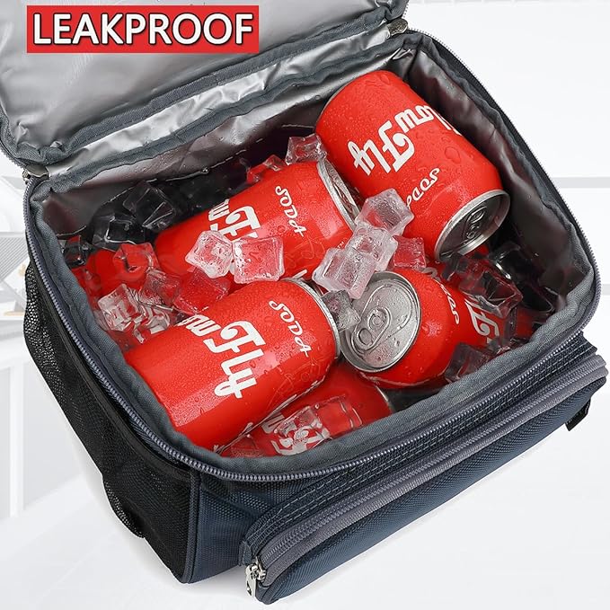 FlowFly Double Layer Cooler Insulated Lunch Bag Adult Lunch Box Large Tote Bag for Men, Women, With Adjustable Strap,Front Pocket and Dual Large Mesh Side Pockets