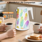 1.2L Double Wall Stainless Steel Interior Water Boiler, Cordless, 1000W Fast Boil with LED Light Coffee Pot & Tea Electric Kettle, Auto Shut-Off and Boil-Dry Protection (Colorful Graffiti)
