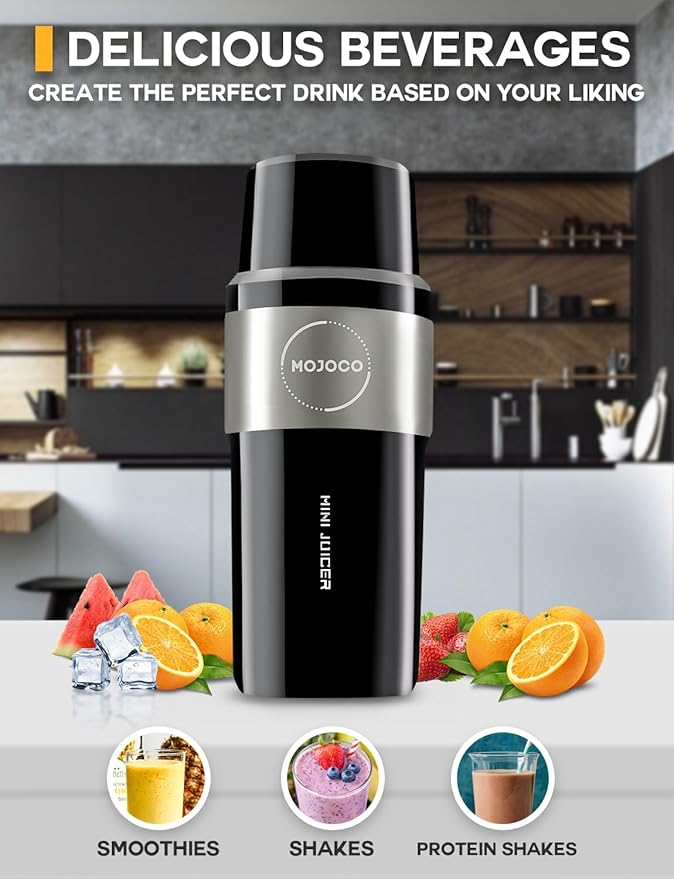 Mojoco Personal Smoothie Blender – Vacuum Insulated Blender for Fruits and Vegetables - Rechargeable Portable Blenders with Stainless Steel Blade for Travel, Camping, Gym