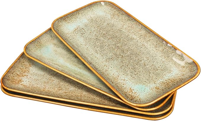 Ceramic Dinner Plates Dish Set, Set of 4, Microwave Oven and Dishwasher Safe,Scratch Resistant, Dinnerware Kitchen Porcelain Serving Dishes Brown glaze change, 12.4 Inch Rectangle plate