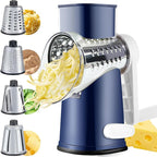 VEKAYA Cheese Grater, Cheese Grater Hand Crank, 4 Interchangeable Blades Cheese Shredder, Vegetable Slicer, Non-slip Suction Base, Easy to Clean Rotary Grater with Handle (Blue)