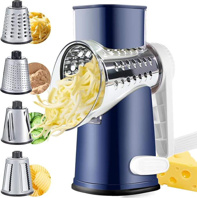 VEKAYA Cheese Grater, Cheese Grater Hand Crank, 4 Interchangeable Blades Cheese Shredder, Vegetable Slicer, Non-slip Suction Base, Easy to Clean Rotary Grater with Handle (Blue)