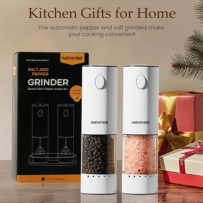Electric Salt and Pepper Grinder Set, Rechargeable with LED Lights, Stainless Steel Automatic Pepper & Salt Mill, Adjustable Coarseness, Large Capacity, White