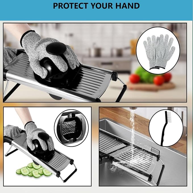 Adjustable Mandoline Slicer for Vegetables, Fruits, Stainless Steel with Cut-Resistant Gloves, Black/Silver