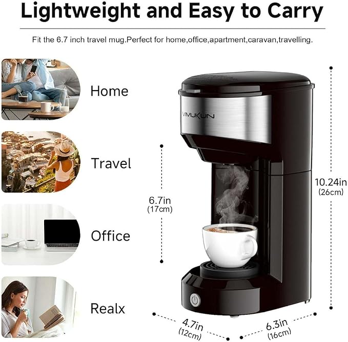 Mini Single Serve Coffee Maker - K Cup & Ground Coffee Compatible - 90 Second Brew - Portable Machine for Home, Office, RV - 14oz Reservoir