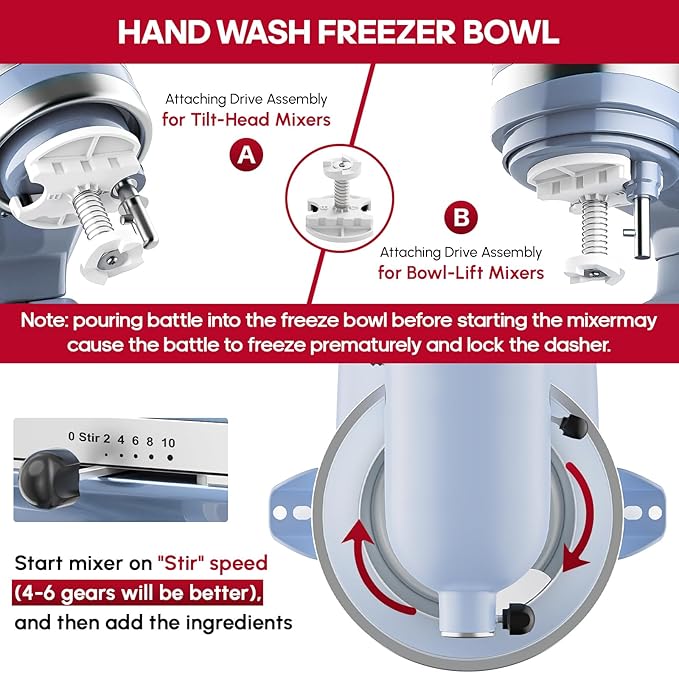 InnoMoon Ice Cream Maker Attachment for KitchenAid Stand Mixer, Compatible for Kitchenaid 4.5QT/5QT/6QT/7QT Stand Mixer, 2-Quart Frozen Yogurt, Sorbet Gelato Maker, Kitchen aid Ice Cream Maker (Blue)