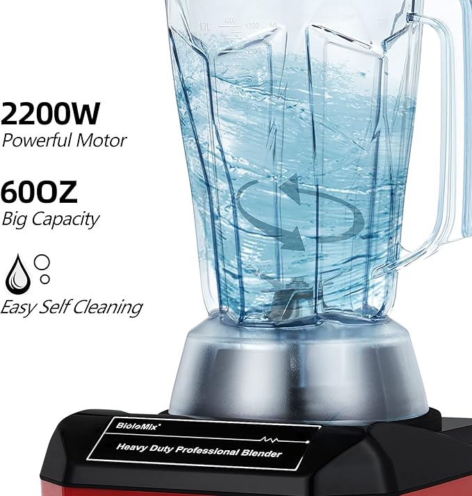 BioloMix Heavy Duty Commercial Blender, 2200W 60Oz Professional Kitchen Blender Smoothies, Shakes, Ice and Frozen Fruit, Optional Dry Grains Container