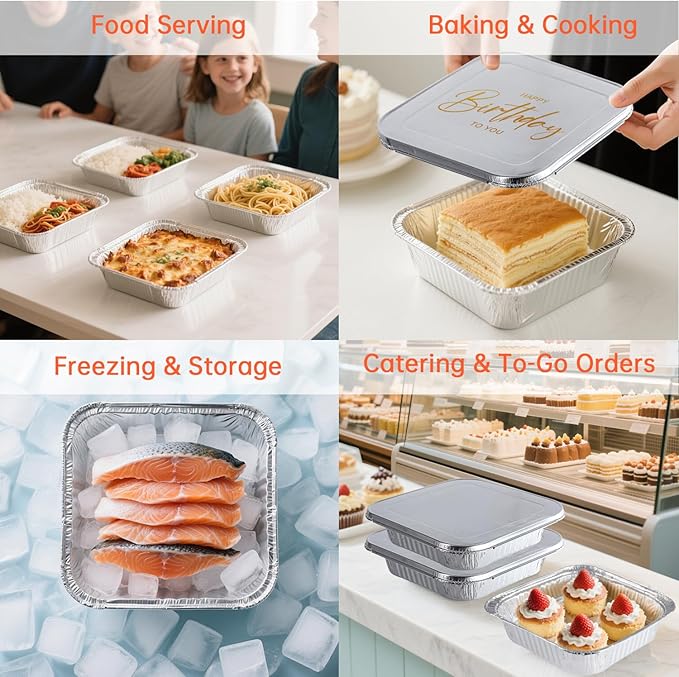8x8 Aluminum Pans with Lids - 20 Pack Disposable Baking Pans, Heavy Duty Tin Foil Pans with Lids for Cake Baking, Cooking, Heating, Storing, Prepping Food