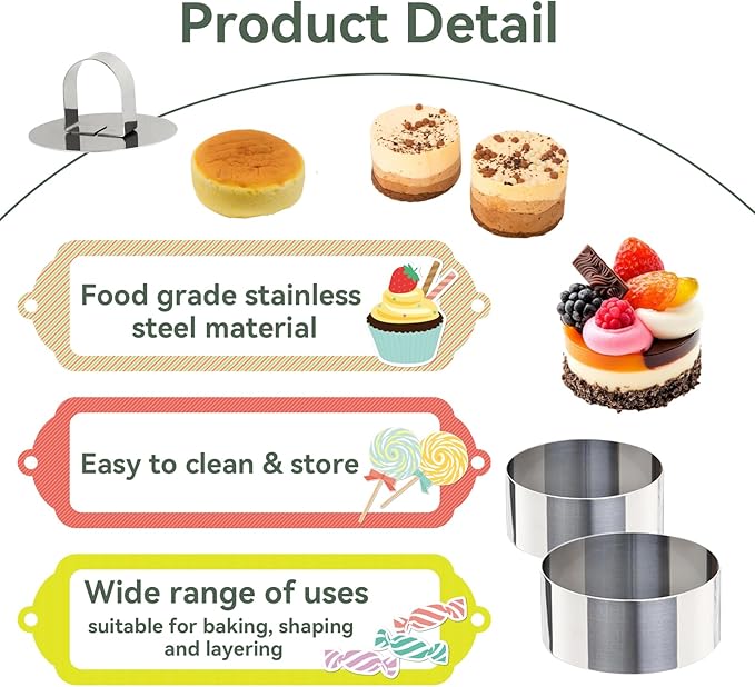 Uncle Jack 4 Pieces Round Cake Ring Molds, Stainless Steel Cake Ring Mold with Pusher, for Kitchen Tools, Baking Pastry, Mousse (Include 4 Rings and 2 Pushers)