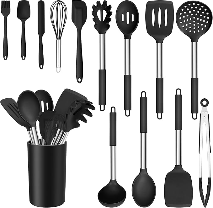 E-far 14 Pieces Silicone Cooking Utensils Set, Kitchen Utensils Set with Holder, Spatula, Ladle, Spoon, Tong, Slotted Turner for Nonstick Cookware, Heat Resistant & Stainless Steel Handle, Black