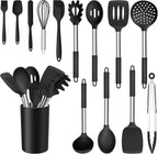 E-far 14 Pieces Silicone Cooking Utensils Set, Kitchen Utensils Set with Holder, Spatula, Ladle, Spoon, Tong, Slotted Turner for Nonstick Cookware, Heat Resistant & Stainless Steel Handle, Black