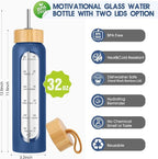 32 oz Glass Water Bottle with Straw - Motivational Time Marker & Silicone Sleeve - Reusable Tumbler Includes 2 Bamboo Lids & Fruit Infuser - 1 Pack