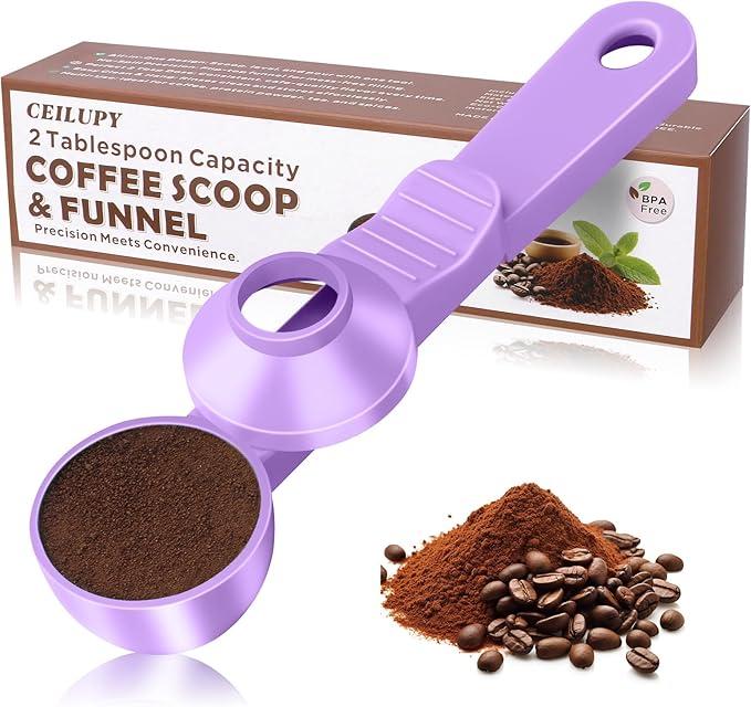 2-in-1 Coffee Scoop with Funnel, 2 Teaspoon Measuring Spoon for Reusable Pods, Ground Coffee, Protein Powder & Tea, Mess-Free Plastic Design (Light Purple)