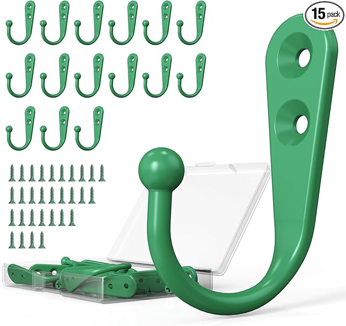 15 Pcs Black Wall Mounted Coat Hooks, Hanger Hook with 30 Pieces Screws for Towel, Key, Robe, Scarf, Bag, Cap, Coffee Cup, Mugs（Green）