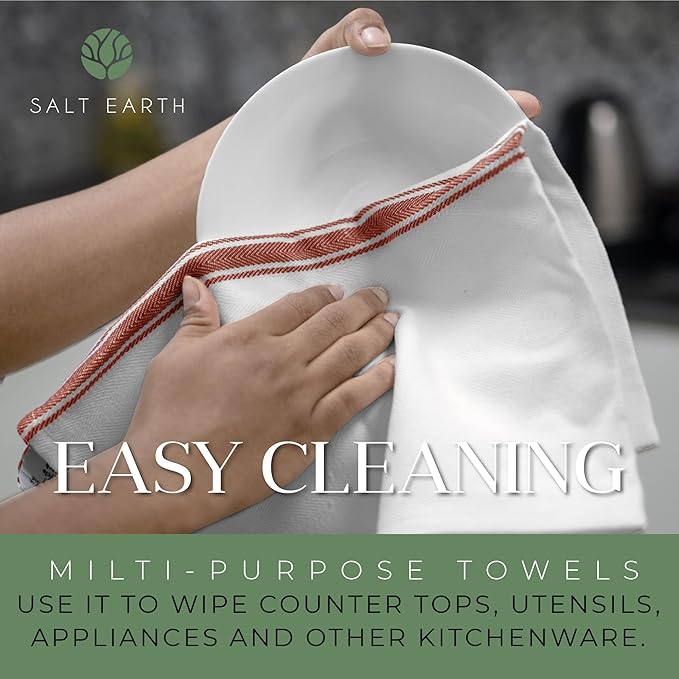 Salt Earth Kitchen Towels Cotton Dish Towel Size 24x14 Inches Set of 12 100% Ring Spun Cotton Absorbent Quick Dry Herringbone Weave Lint Free Washable Dishcloth Hanging Loop Color White & Red Stripe